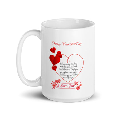 Happy Valentine Day White Glossy Mug with Hearts