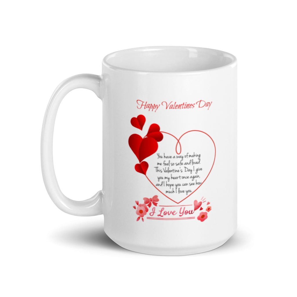 Happy Valentine's Day White Glossy Mug with Hearts