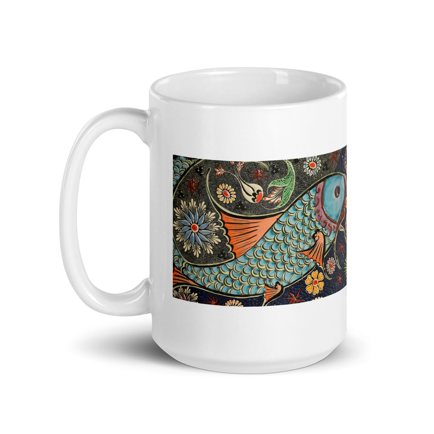 Mosaic Fish Tile Design White Glossy Mug