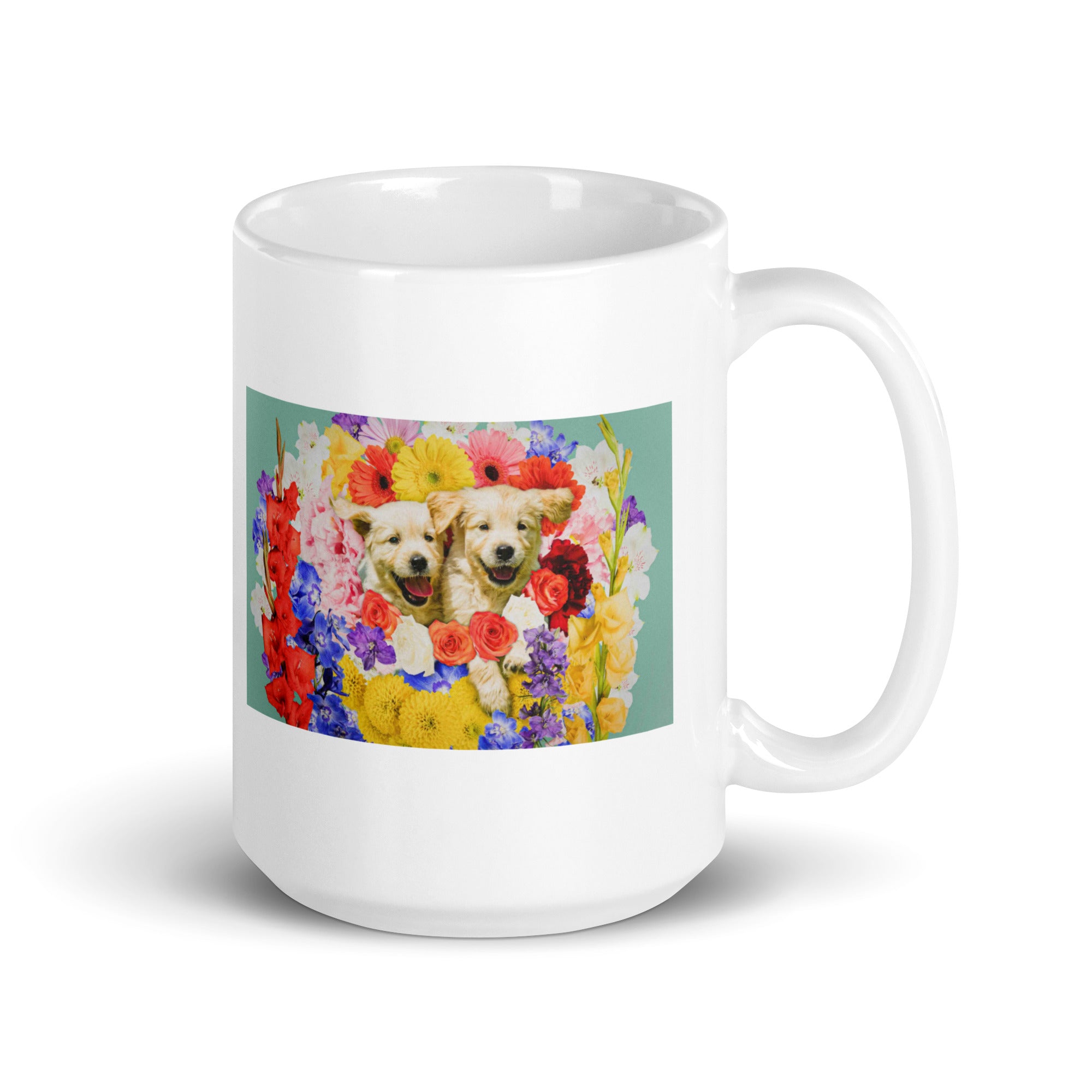 Flower Design with Two Dogs White Glossy Mug