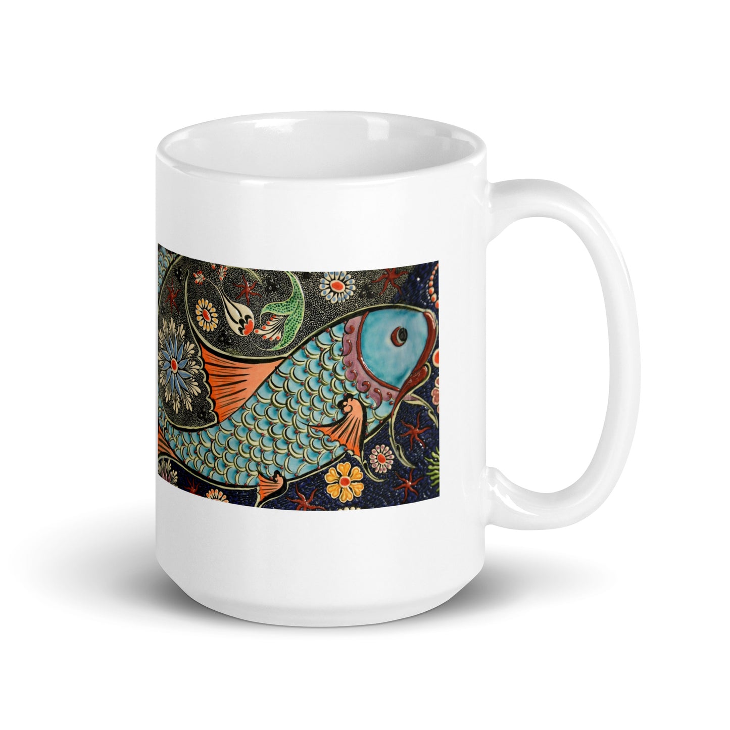 Mosaic Fish Tile Design White Glossy Mug